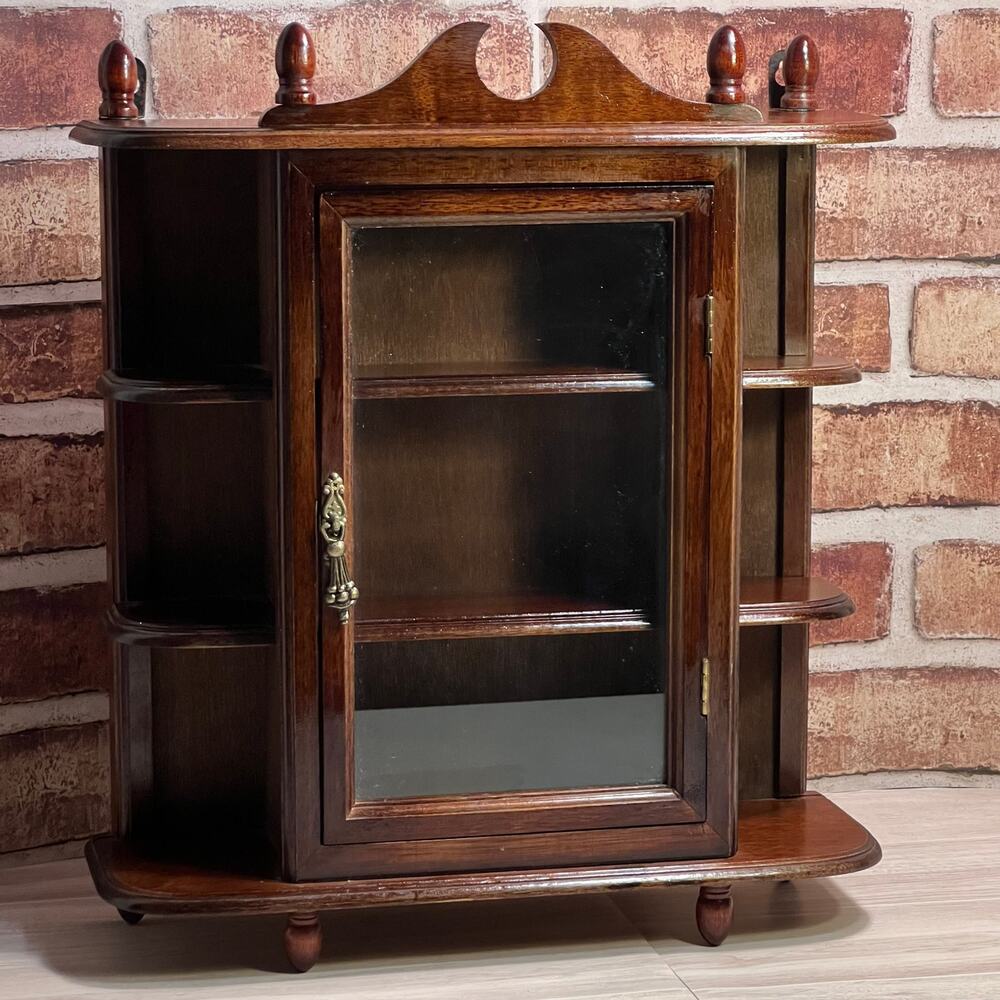 Vintage Rich Cherry Wood Finish Curio Knick Knack Cabinet With Glass Door Brass
